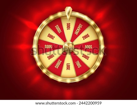 Red fortune wheel at backlight color realistic vector illustration. Gambling game chances. Casino roulette 3d object on rouge background