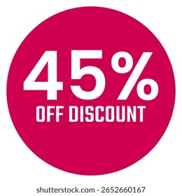 Red forty five 45% percent sale discount badge. Round shape red circle sticker on glasses showcase. isolated on white background.