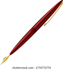 Red fountain pen isolated on a white background.A fountain pen with a gold quill.Vector illustration.