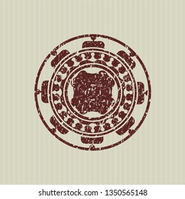 Red four leaf clover icon inside distress rubber stamp with grunge texture