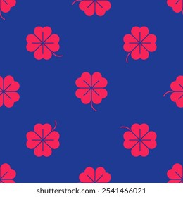 Red Four leaf clover icon isolated seamless pattern on blue background. Happy Saint Patrick day.  Vector