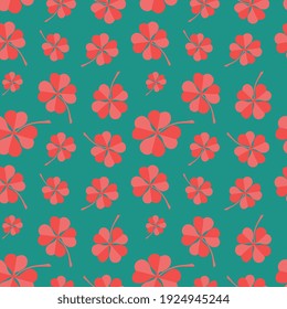 Cuatro tréboles de hojas rojas sobre fondo verde. Patrón vectorial de moda hecho de cuatro tréboles de hojas. Diseño sin inconvenientes para banner, tarjeta, papel pintado y envoltura. 