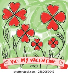 Red four-leaf clovers in a green meadow with heart-shaped petals and handwritten calligraphic lettering