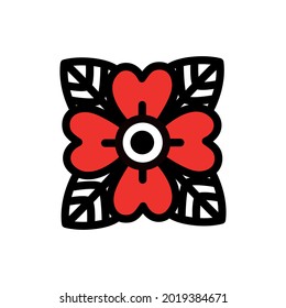Red four-leaf flower in the style of old school tattoo. Vector illustration 