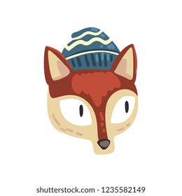 Red fox animal wearing blue knitted winter hat, animal portrait cartoon vector Illustration on a white background