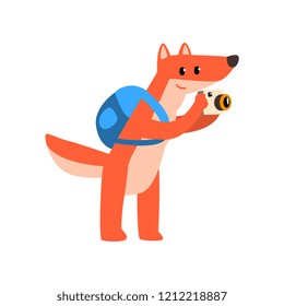 Red fox with backpack and camera, cute animal cartoon character traveling on vacation vector Illustration on a white background