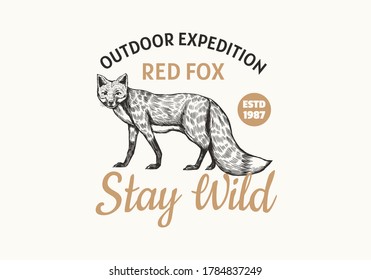 Red Fox Badge. Forest Ginger Wild Animal Label Or Logo. Outdoor Expedition. Vector Engraved Hand Drawn Vintage Old Sketch For Stamp, T-shirt Or Typography.