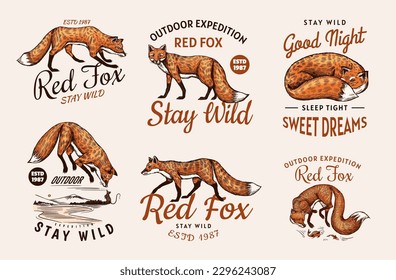 Red fox badges set. Forest ginger wild animal label or logo. Vector Engraved hand drawn Vintage old sketch for stamp, t-shirt or typography.