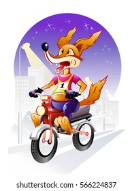 Red Fox biker rides a motorcycle on the road the night city. Vector illustration.