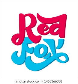 Red Fox. Red and blue color Logo in cartoon style. Lettering. Brush handlettering. Handwritten Font Design