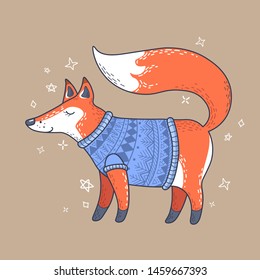 Red fox in a blue Scandinavian sweater, winter children illustration