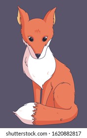 Red fox with bushy tail. Elegant animal character on violet gray background. Vector illustration in cartoon style