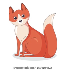 Red fox with bushy tail on white background. Sitting predator. Vector illustration in cute cartoon style