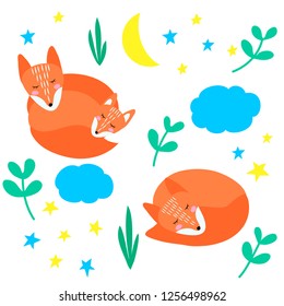 red fox character animal cartoon element set spring leaf  moon star cloud rain for your design