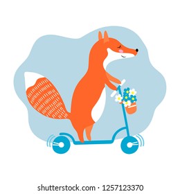 red fox character  on scooter bike animal cartoon element set spring flowers  for your design