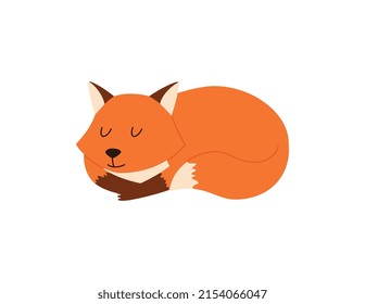 Carácter de zorro rojo sobre fondo blanco, ilustración plana vectorial. El zorro está durmiendo, tumbado.