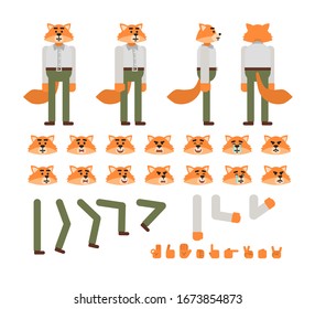 Red fox character in white shirt and green pants creation set. Create your own pose, action, animation. Flat design vector illustration