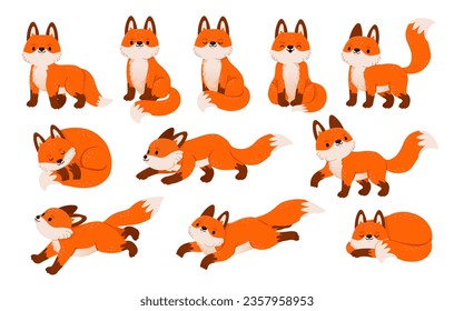 Red fox characters. Cartoon cute foxes in different poses, standing, sleeping, jumping, sitting. Forest wild animal isolated on white background. Vector set. Playful adorable mammal