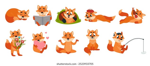 Red fox characters. Wild foxes sleeping eating looking from hole and meditation. Forest cute animals various actions, children mascor classy vector set