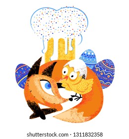 Red fox and chicken easter isolated illustration
