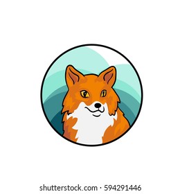 Red fox in circle, a badge. Animal art, cartoon style, hand drawn vector illustration.