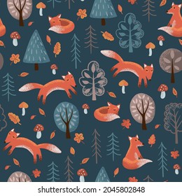 Red fox and coniferous forest seamless pattern. Stylized pine, spruce and foxes on a dark blue background. Design for children's fabric, wallpaper, paper, gift wrapping. Vector flat