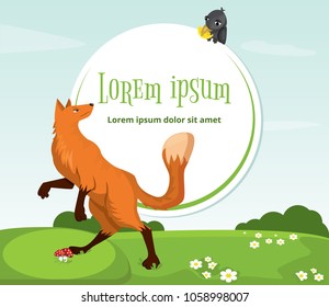 Red fox and crow with cheese. Funny characters. Vector illustration