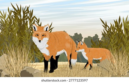 Red fox with cub in wild nature landscape vector illustration. Mother fox and baby fox in field with grass and stones. Vulpes vulpes family scene for education or wildlife design