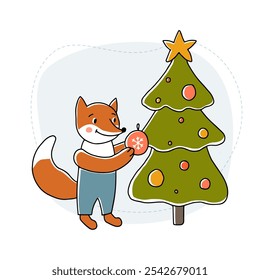 A raposa vermelha decora a árvore de Natal com bolas. Feliz Natal.