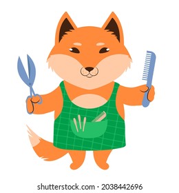 Red fox dressed in an apron holding out scissors and a comb. Cute cartoon character. Flat style vector illustration. Suitable for icon, logo, label, sticker, clipart, t-shirt print.