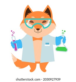 Red fox dressed in a lab coat and holding out test tubes. Cute cartoon character and a handwritten slogan. Flat style vector illustration. Suitable for icon, logo, label, sticker, clipart, t-shirt