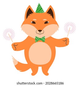 Red fox dressed in a party hat and bow tie holding out sparklers. Cute cartoon character. Flat style vector illustration. Suitable for icon, logo, label, sticker, clipart, t-shirt print.