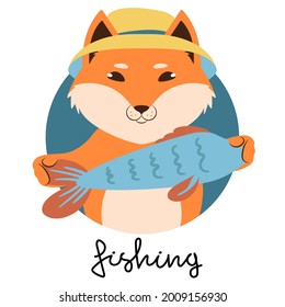 Red fox dressed in a yellow bucket hat holding out a fish and signed fishing. Cute cartoon character and a handwritten slogan. Flat style vector illustration. Suitable for icon, logo, label, sticker