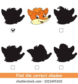 Red Fox Face Beautiful Shadow Set to Find the Correct Shadow, the Matching Educational Kid Game to Compare and Connect Objects and Their True Shadows, Simple Gaming Level for Preschool Kids.