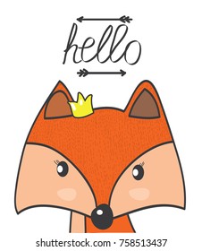 Red fox fairy with a crown painted on a white background with the word hello