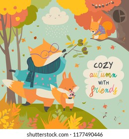 Red fox father and son in autumn forest
