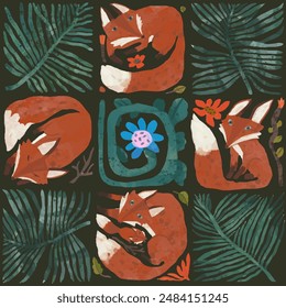 Red fox and flower seamless pattern. watercolor vector. animal and nature.