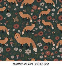 Red fox forest pattern with flowers, mushrooms, butterflies, and leafs  wallpaper for kids 
