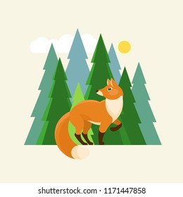 Red fox in the forest. Vector illustration in flat style