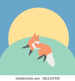 Red Fox Grass Moon Sky