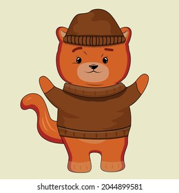 Red Fox in a hat and jacket in the fall. Cold. Cosiness. Flat style. Beige background. Stock Vector illustration. Animal. A pet. Cute picture. Hugs. Embrace. Cartoon. Character. Happy. Kind. 