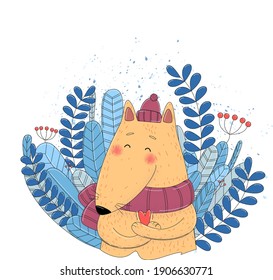 Red fox with a red heart in paws, surrounded with blue leaves. Isolated on white. Vector illustration.