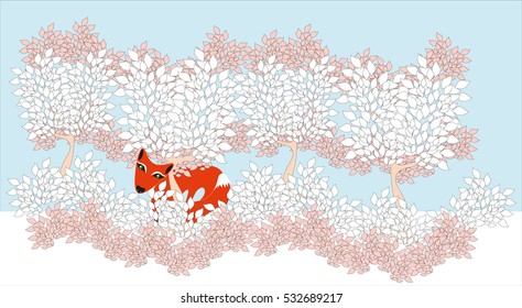 Red fox hiding in white bushes