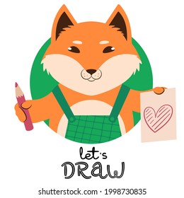 Roter Fuchs, der einen roten Stift aushält, und eine Zeichnung des Herzens signiert Let's Draw. Cute Cartoon Charakter plus ein handgezeichneter Slogan. Flache Vektorgrafik. Geeignet für Symbol, Logo, Etikett, Aufkleber