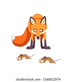 Red Fox hunts mice. View front. Cartoon, flat vector illustration isolated on white background.