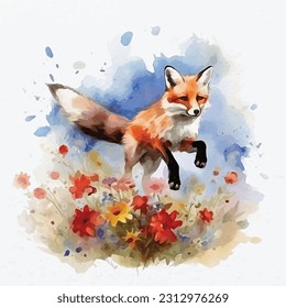 a red fox jumping in a field of flowers , watercolor style. Portrait