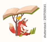 Red fox kid and book. children illustration. watercolor vector. animal cartoon. reading and education concept artwork.