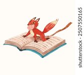 Red fox kid and book. children illustration. watercolor vector. animal cartoon. reading and education concept artwork.