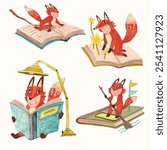Red fox kid and book. children illustration. watercolor vector. animal cartoon. reading and education concept artwork.	
