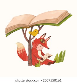 Red fox kid and book. children illustration. watercolor vector. animal cartoon. reading and education concept artwork.